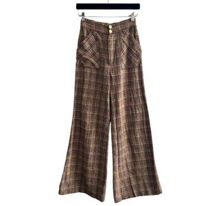 Vintage Wool Plaid High Rise Wide Leg Trouser Pants Tan Brown Academia Retro
